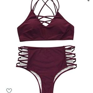 Maroon High-Waisted Cross Push-Up Bikini
